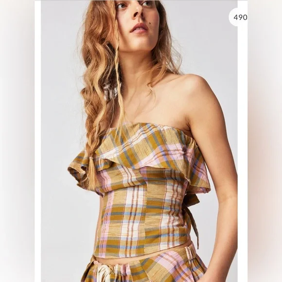 NEW Free People Whitley Plaid Strapless tie back crop top blouse women size S - Picture 1 of 4